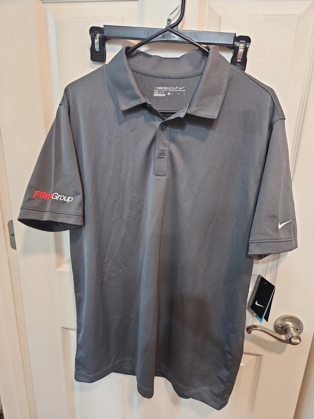 Nike Men’s Gray Dri-FIT Polo with FLINT Group Sleeve Logo NWT L